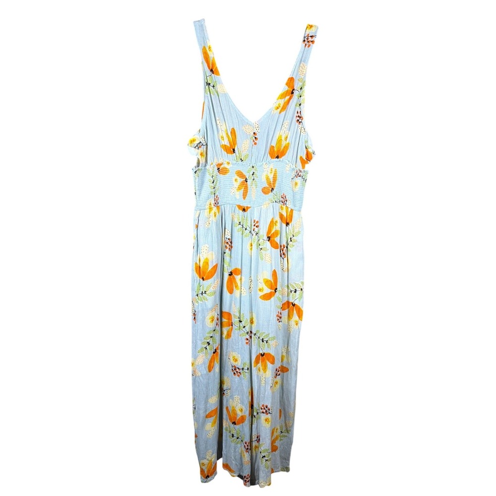 Patrons of Peace Sky Blue Floral‎ Wide Leg Jumpsuit Smocked Waist Small JQ 18115